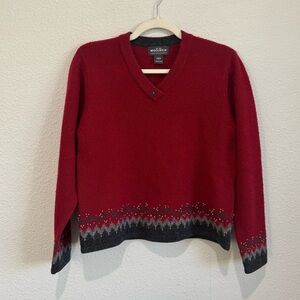 Vintage 90s Woolrich Red V-Neck Sweater Embroidered Wool Red Cabincore Woods